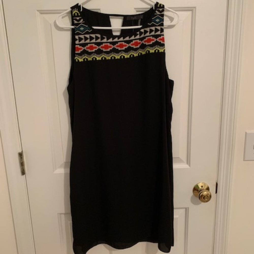 NWT THML Black Shift Dress Lined Embroidered w/ Bright Aztec Mayan Pattern, SZ L